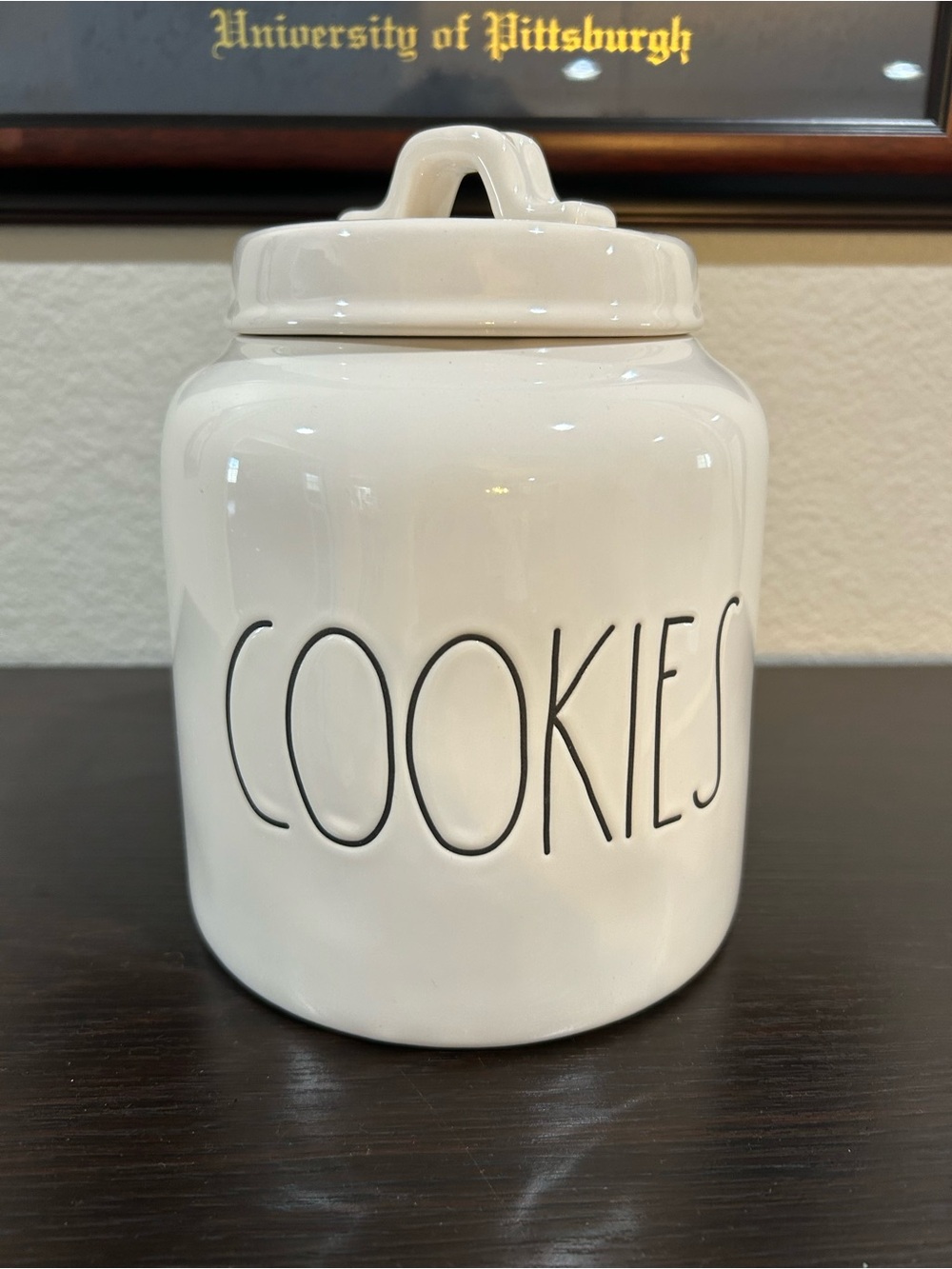 Rae Dunn White Ceramic 'COOKIES' Jar with Lid, small chip on lid